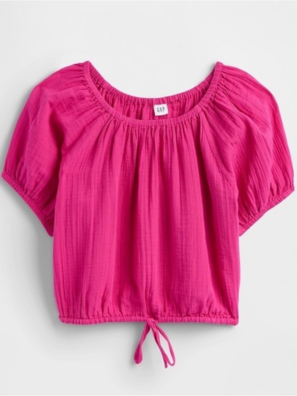 GAP Relaxed Gauze Tie Hem Top Pink Short Puff Sleeve 100% Cotton Relaxed Large